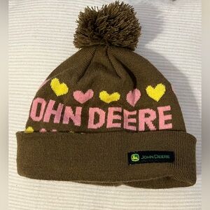 John Deere Kids Brown Beanie with Pink and Yellow Heart Accents